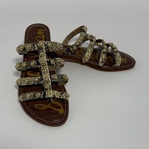 Sam Edelman Gold Studded Sandals Snake-Print Women’s SZ 9 Leather Strappy Flats